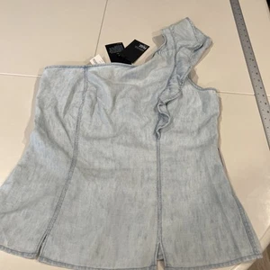 PAIGE Cantina One Shoulder Ruffle Top Chambray Size Large - Picture 1 of 13