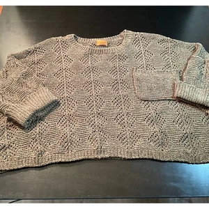 POL Khaki Color Crochet Knit Sweater Oversized Pullover Casual Cozy Women's Crop - Picture 1 of 8