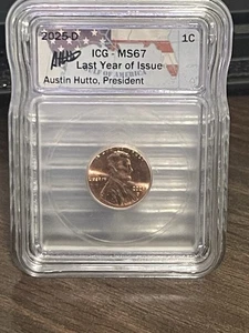 2025-D Lincoln Shield Cent ICG MS67 – Last Year of Issue - Signed Austin Hutto - Picture 1 of 3