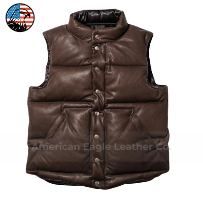 Men's Brown Puffer Quilted Real Leather Vest Lambskin Biker Motorcycle Jacket US - Image 1 of 4