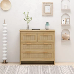 Rattan Style 4 Drawer Storage Cabinet for Home Bedroom Living Room Dining - Picture 1 of 8