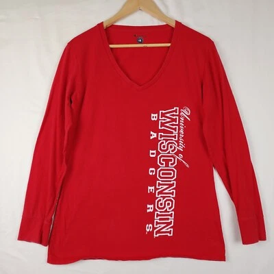 Camiseta University Of Wisconsin Badgers para mujer XL roja manga larga cuello en V elástica Foto 1 de 4