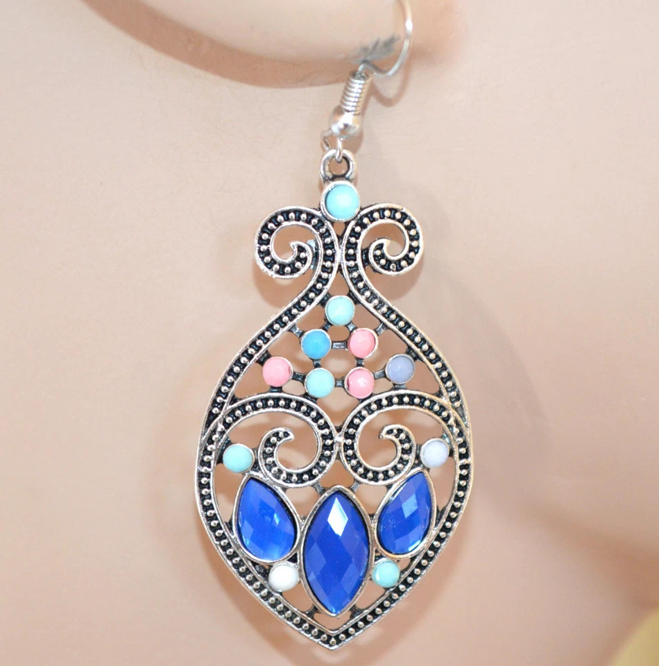 Orecchini donna argento cristalli blu pendenti gocce perline etnici UD57 - Immagine 1 di 1