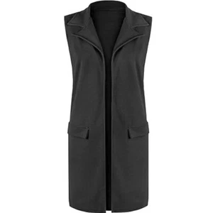 Ladies Open Front Sleeveless Long Waistcoat Front Pocket Collared Duster Coat - Picture 1 of 6