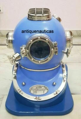 Sky Blue & Chrome Scuba SCA Diving Divers Helmet Nautical Handmade With Base - Image 1 of 3