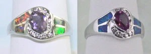Laborgefertigter roter oder blauer Feueropal & Amethyst 7 x 4 mm Birnenring Sterling # 8,5 / 9 - Bild 1 von 7