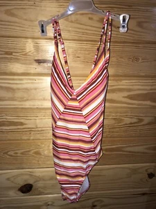 No Boundaries Multi Color Stripe Strappy Back CHEEKY 1 Piece Swimsuit SZ M NWT! - Picture 1 of 8
