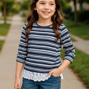 max + riley Girls Top Size 14 Black Ivory Striped Ribbed Lace Trimmed Tunic Knit - Picture 1 of 7