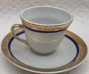 Vintage ISTANBUL PORCELAIN Turkish Demitasse Cup & Saucer Gold & Blue Band - Picture 1 of 11