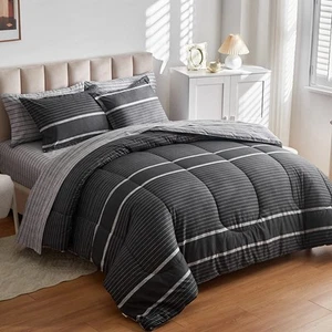 Ombre Boho Striped Bed in a Bag 6 Pieces Twin Size, White Striped on Black Da... - Picture 1 of 7
