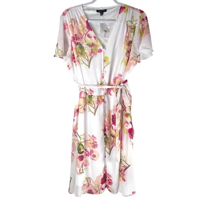 Lane Bryant White Chiffon Floral button up Flutter Sleeve Dress Women’s Size 14 - Image 1 of 4