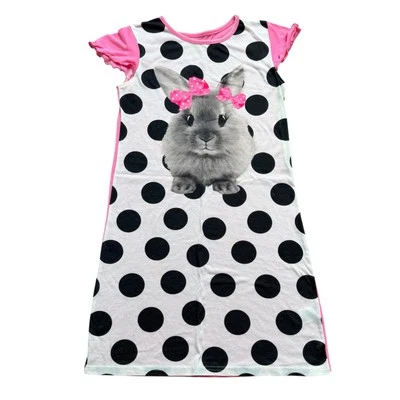 Girls XL Circo Hot Pink Black White Polka Dot Short Sleeve Bunny Nightgown - Image 1 of 3