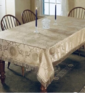 New Prestige Damask Design Presentation Tablecloth 54x72 beige/gold Rectangle - Picture 1 of 4