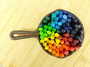 Vintage Art - Rainbow Melted Wax in Small Cast Iron Skillet - Picture 1 of 5