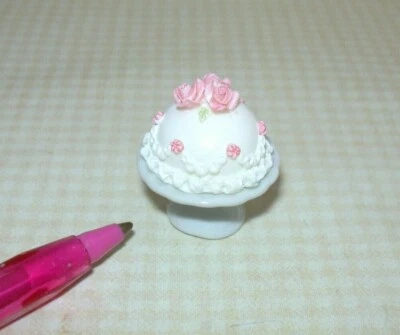 FALCON, MINIATURES WORLD Miniature White Dome Cake w/Pink Roses on Ceramic Cake Plate: DOLLHOUSE 1:12