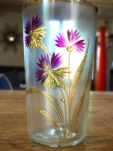 verre émaillé Ancien à décor de fleurs ( œillets ) et dorure art nouveau