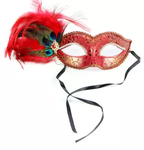 Mascherade Rossa Crackled Venezia Maschera Occhio con Piume di Pavone e Gioielli - Foto 1 di 1