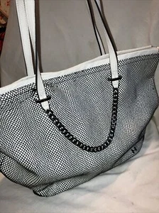 Halston Heritage Large Tote Bag White Black With Net Pattern Lattice - Picture 1 of 12