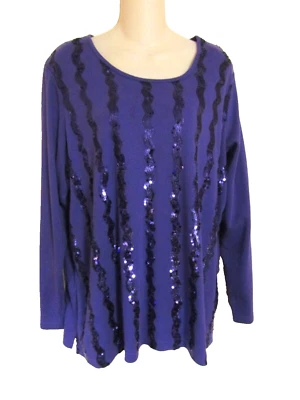 QUACKER FACTORY PURPLE SEQUIN-EMBELLISHED L/S Sweater COTTON TUNIC TOP Sz: 1X - Image 1 of 4
