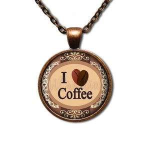 I Love Coffee Cup Bean Design - Handmade Round Glass Pendant Necklaces - Picture 1 of 10