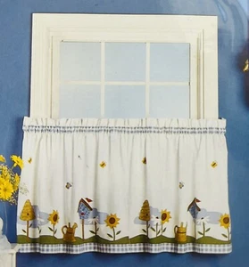 Birdhouse & Birds One Pair Of Appliqué Tailored Tiers Kitchen Curtain Valance - Picture 1 of 7