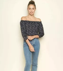 brandy Melville Navy/brown Floral off shoulder ruffle trim Maura Top NWT - Picture 1 of 6