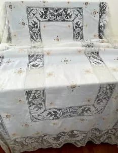 Mantel antiguo de banquete de lino - bordado, hilo dibujado encaje y borlas YY604 - Imagen 1 de 8