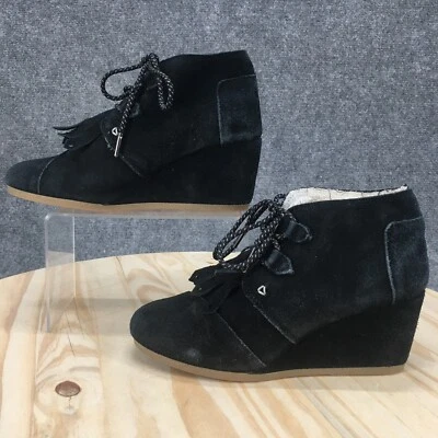TOMS Boots Womens 8 Desert Ankle Bootie Black Leather Lace Up Wedge Heels 300616 - Imagem 1 de 4