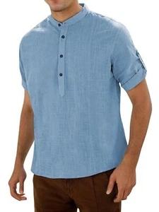 Men's Casual Cotton Short Sleeve Shirt Regular Fit Stand Collar Shirts NEW - Picture 1 of 14