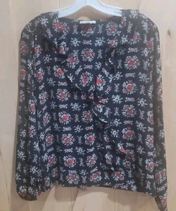 Loft Petite Mp Black/red Floral Print V Neck Ruffle Long Sleeve Elastic Waist - Picture 1 of 5