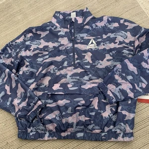 REEBOK Pullover Womens Large Windbreaker Pink Blue Indigo Printed Quarter Zip - Picture 1 of 8