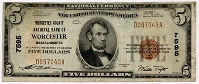 1929 T1 $5 Worcester County National Bank Massachusetts Note- CH# 7595 - Image 1 of 2