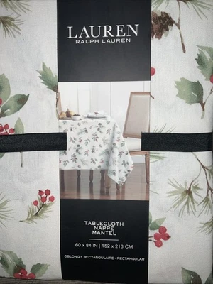 LAUREN RALPH LAUREN COTTON MISTLETOE PINE CHRISTMAS OBLONG TABLECLOTH 60x84 NWT - Image 1 of 4