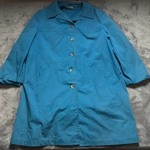 Vintage London Fog Trench Coat Womens 14 Blue Cotton Camp Collar Button Front - Picture 1 of 7