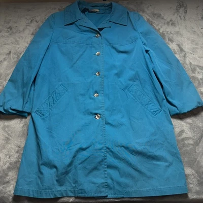 Vintage London Fog Trench Coat Womens 14 Blue Cotton Camp Collar Button Front - Image 1 of 4