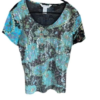 UNIFORME JOHN PAUL RICHARD Mujer Grande Azul Negro Lentejuelas Cuello Redondo Top Hada Foto 1 de 4