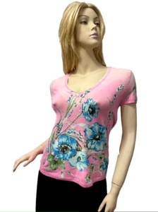 Maglione donna Vertigo X-LARGE rosa ombretto nuovo con etichette $195 con fiori e perline elasticizzato - Foto 1 di 12