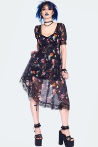 Gothic Night Garden Print Short Sleeve Dress Alternative Style - Picture 1 of 5