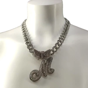 Women Chunky Necklace Letter M Butterfly Pendant Brass Plated Rhinestone 19" - Picture 1 of 6