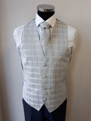 Men's & Boy's Waistcoats In A Silver Blue Check Design Ideal For Weddings - Image 1 of 2