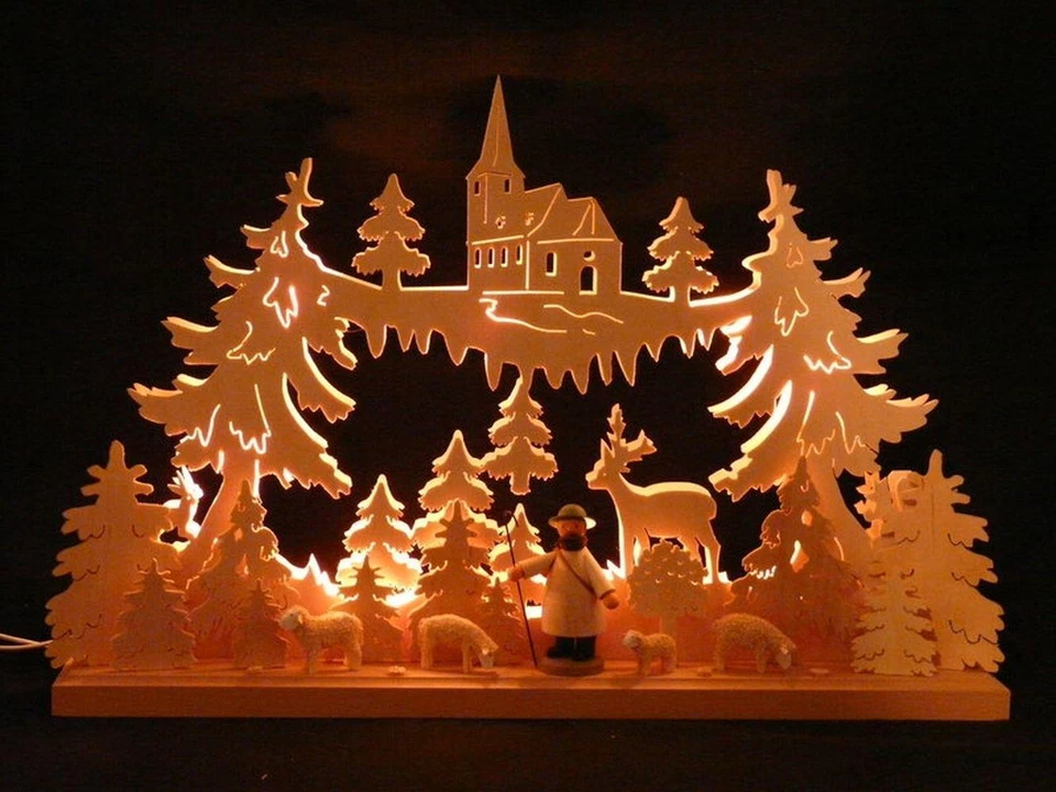SCHWIBBOLA HOLZKUNST AUS DEM ERZGEBIRGE Schwibbogen mit Schäfer und Herde Größe =50x34cm NEU Leuchterbogen Lichterbogen