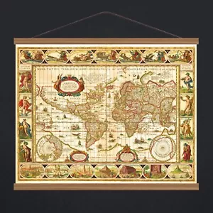 Ancient 1617 Old Most Famous Double Hemisphere World Map; Canvas, Wooden Hanger - Picture 1 of 18