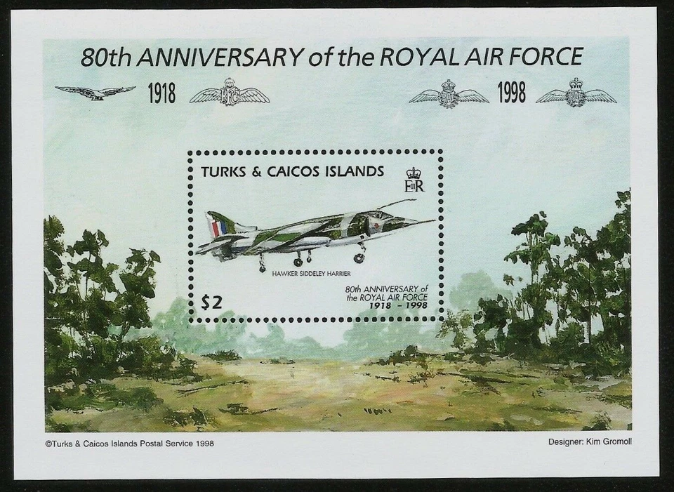 Hoja de recuerdo Hawker Siddeley Harrier Real Fuerza Aérea Británica Turcas Caicos como nueva Foto 1 de 1