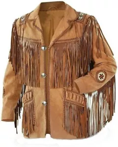Mens Native American Cowboy Leather Jacket Western Suede Fringe & Beads Jacket - Picture 1 of 3