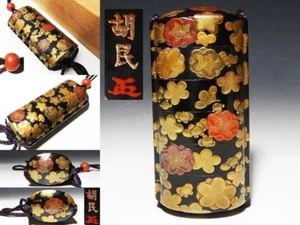 Inro Netsuke Sagemono Edo Japón Antiguo Makie Flor de Ciruela Oro Negro Estampado - Imagen 1 de 10