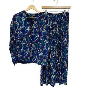 Vintage J. McLaughlin 2 Piece Set Women's Size 10 Blue Button Shirt Skirt Lion