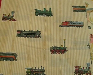 Vtg 80s cotton fabric home decor model train track stripe print BTY 1 yard - Picture 1 of 6