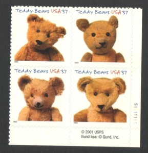 Unused US Postage Block of 37 Cent Stamps TEDDY BEARS USA 2002 - Picture 1 of 2