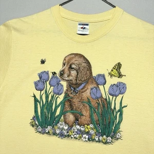 VTG Y2K Jerzees Spring Shirt - Puppy Flowers Butterflies - Light Yellow - MEDIUM - Picture 1 of 4