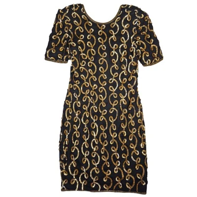 Vtg Stenay Sequin Beaded Dress Women M Black Gold Cocktail Party Silk Retro Chic - Image 1 of 4